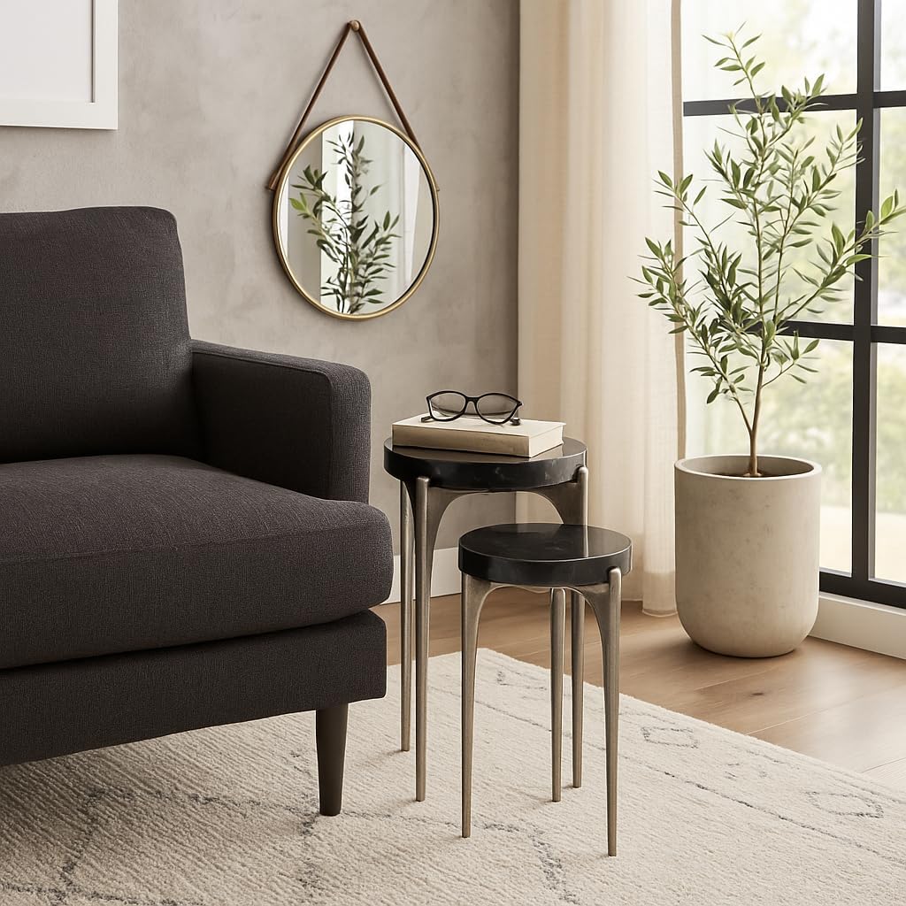 End Tables, Side Tables, or Night Stands - Slender Metal Nesting Tables with Slim Legs - Minimalist Contemporary Style for Home, Living Room, or Bedroom Decor Set of 2 - 24", 20" Silver & Black