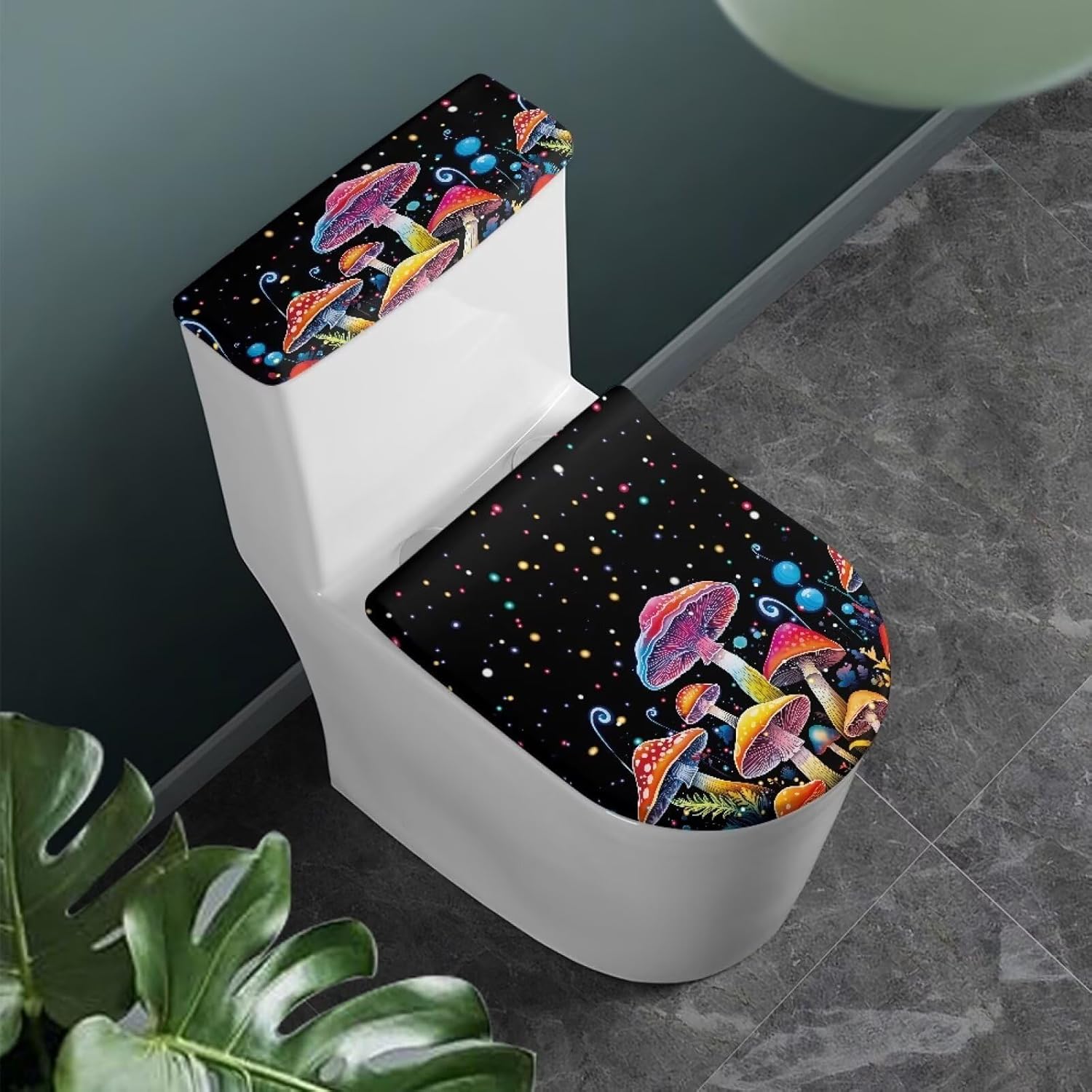 Washable Toilet Lid Covers, Mushroom Dustproof and Splash Resistant Toilet Seat Cover with Tank Protector Reusable Home Bathroom Accessory Decoration
