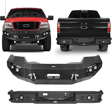 u-Box 2006 F150 Front Bumper + Rear Bumper Kit w/Winch Plate for 2006 2007 2008 Ford F150 Pickup Truck Full Width Steel Bumpers Kit w/LED Lights