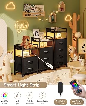 Lazzanto Nightstand with Rear Charging Station, LED Light, 2 Drawers, Black