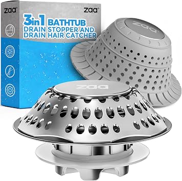 3in1 Bathtub Drain Stopper and Silicone Bathtub Drain Hair Catcher Combo, Tub Stopper Bathtub Drain Plug & Drain Cover