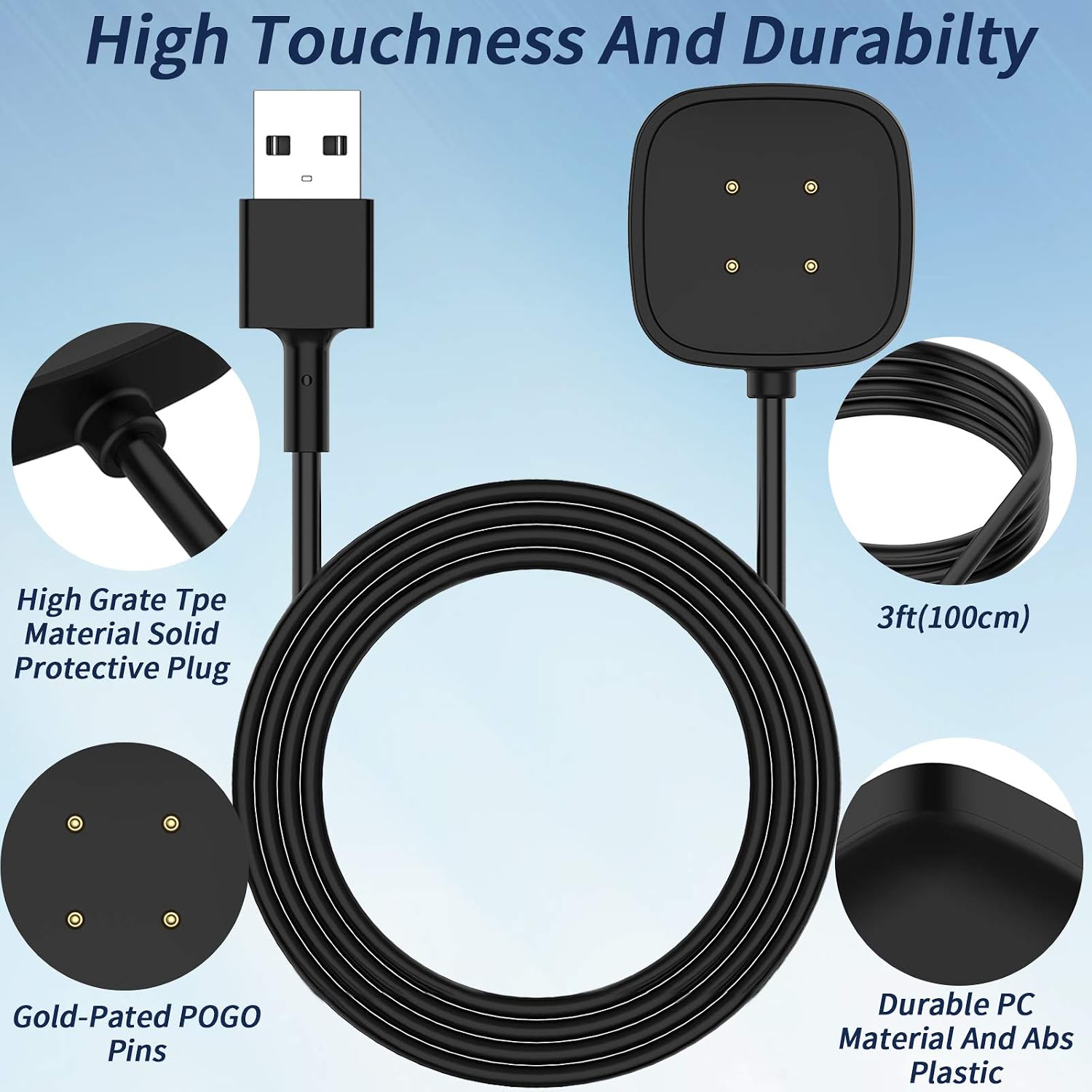 KingAcc Charger Dock Compatible with Fitbit Sense/Versa 3 Charger, USB Charging Cable Replacement Stand Base Station Accessories with 3.3FT USB Cable Accessories for Sense Smartwatch (1Pack)