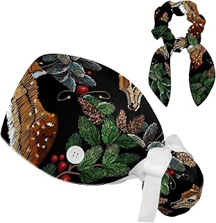 FVQL 2 Pieces Surgical Cap for Long Hair Scrub Cap with Hairband Nurse Cap, Christmas Pattern and Deer Leaf