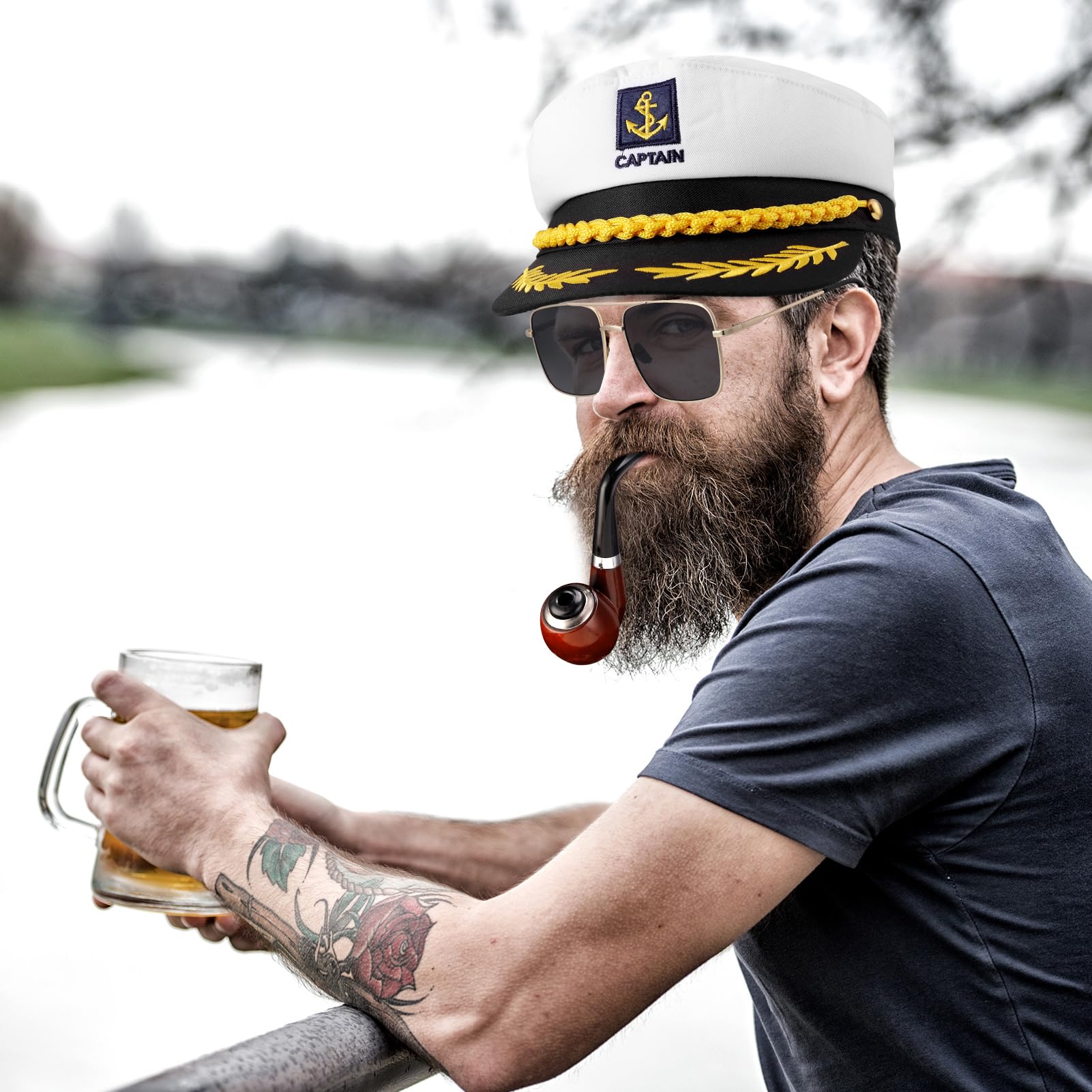 Set De 5 Gorros De Capitán Ajustables Xinstroe | Incluye Gafas De Sol Aviador, Guantes E Insignias | Bordado Con Ancla Y Espigas De Trigo | Ideal Para Fiestas Náuticas, Cosplay Y Halloween | Disfraz Completo