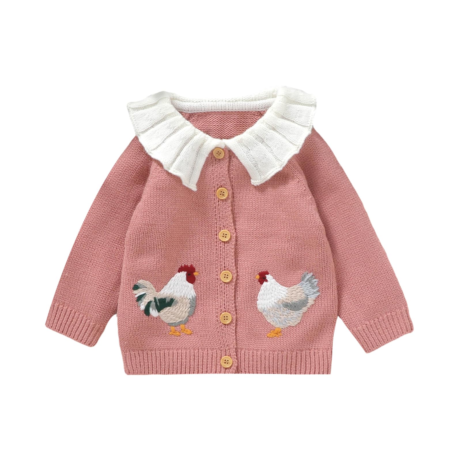 Baby Girl Cardigan Knit Sweater Animal Embroidery Chunky Coat Doll Collar Knitwear Toddler Infant Spring Clothes (Rooster-Pink, 12-18 Months)
