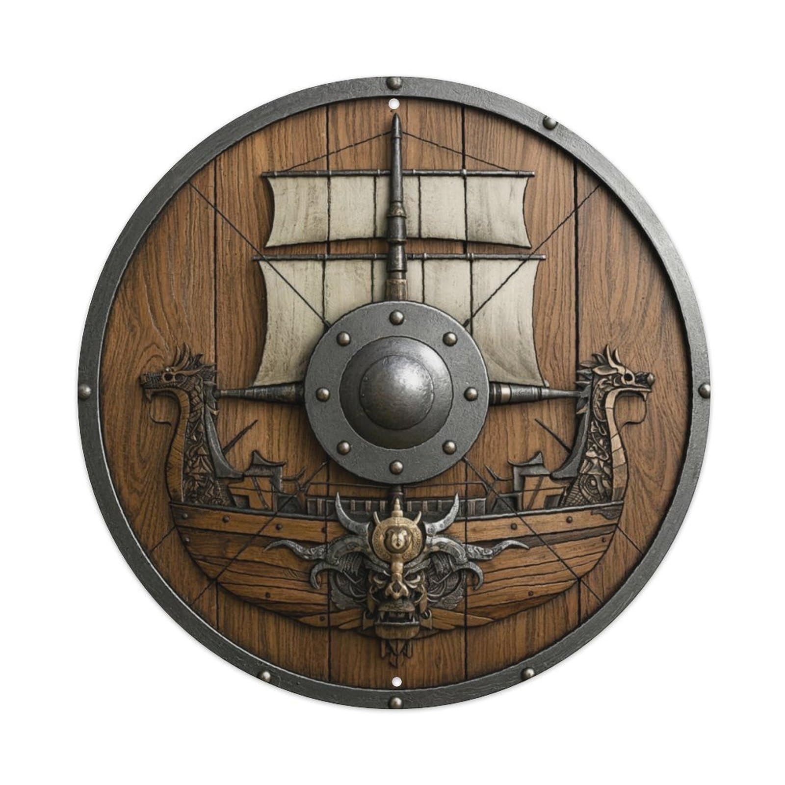 Viking Dragon Longship Wooden Shield Vintage Round Vintage Aluminium Metal Sign, Retro Wall Decor for Home, Bar, Garage & Farmhouse 20x20cm