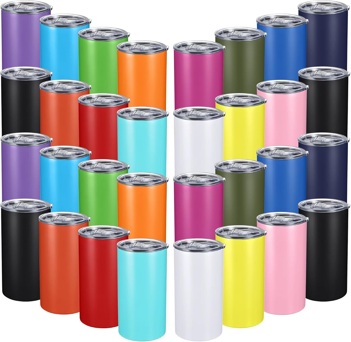 Sabary 50 Pcs 20 oz Stainless Steel Tumbler Bulk with Lids Insulated Vacuum Travel Mug Powder Coated Coffee Mug Stainless Steel Skinny Tumbler Cup for Coffee Beverages Hot Cold Drinks (Bright Color)