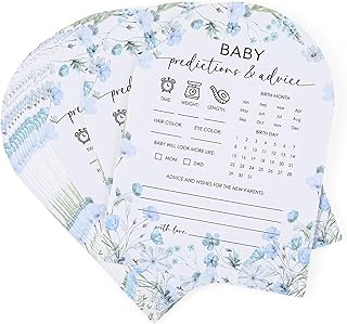 50 Pcs Baby Predictions and Advice Cards Blue Floral Baby Shower Games Advice Cards for New Parent 5 x 7 Inch Fun Gender Reveal Game Guess The Due Date Game Boy Girl Wishes for Mommy Daddy