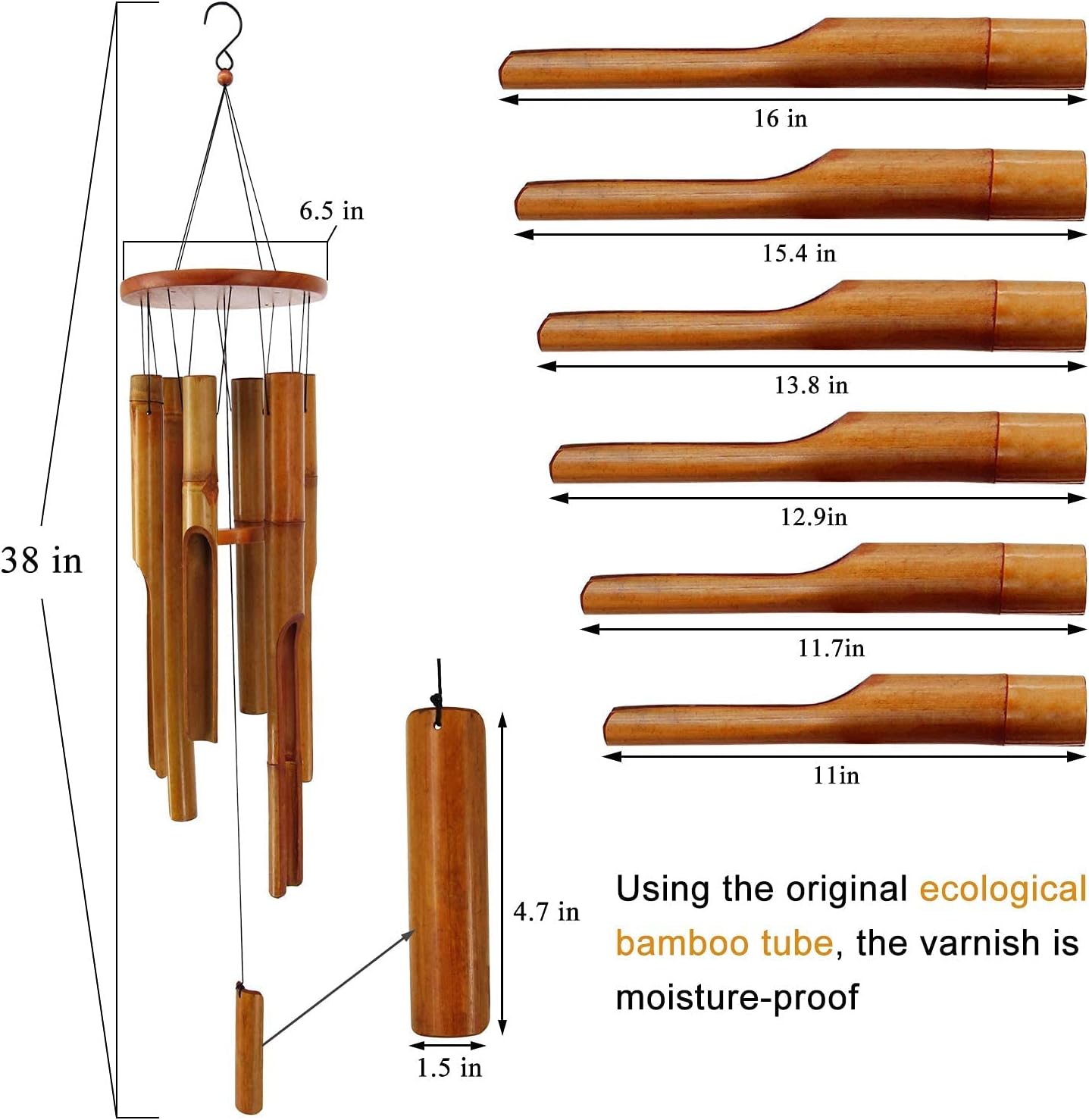 Bamboo Wind Chimes Outdoor,Wooden Wind Chimes for Outside with Melody Deep Tone,38" Classic Zen Garden Windchime for Relaxation, Grace.Home Décor for Patio, Garden or Indoor(FSC Certified)