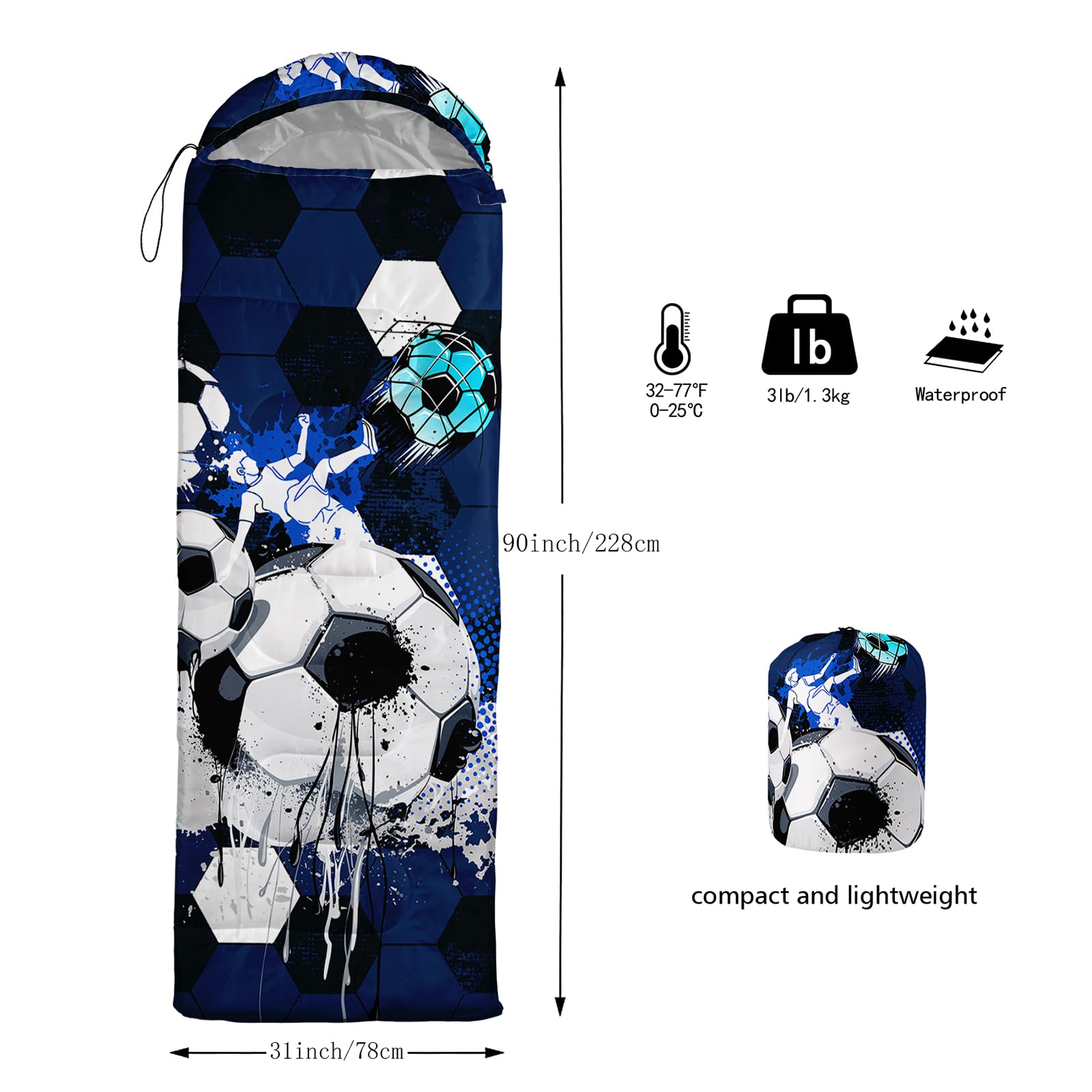 HOSIMA Kids Sleeping Bag for Boys Girls,Football Print-Lightweight Warm Portable Outdoor Indoor-Waterproof Cold Weather Resistant Sleeping Bag for Camping Hiking(Football-d) - Image 4
