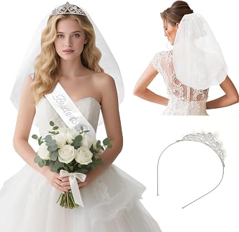 3PCS Bride Decorations Set Satin Bride Sash, White Veil with Embroidered Letters, Silver Tiara Headband Elegant Bridal Accessories for Wedding, Bachelorette Party
