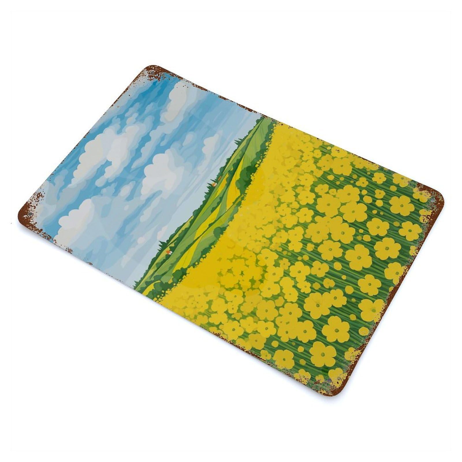 Yellow Flower Field Landscape Illustration Retro Metal Sign 11.8"x7.9", Classic Wall Plaque for Garage, Pub Or Kitchen