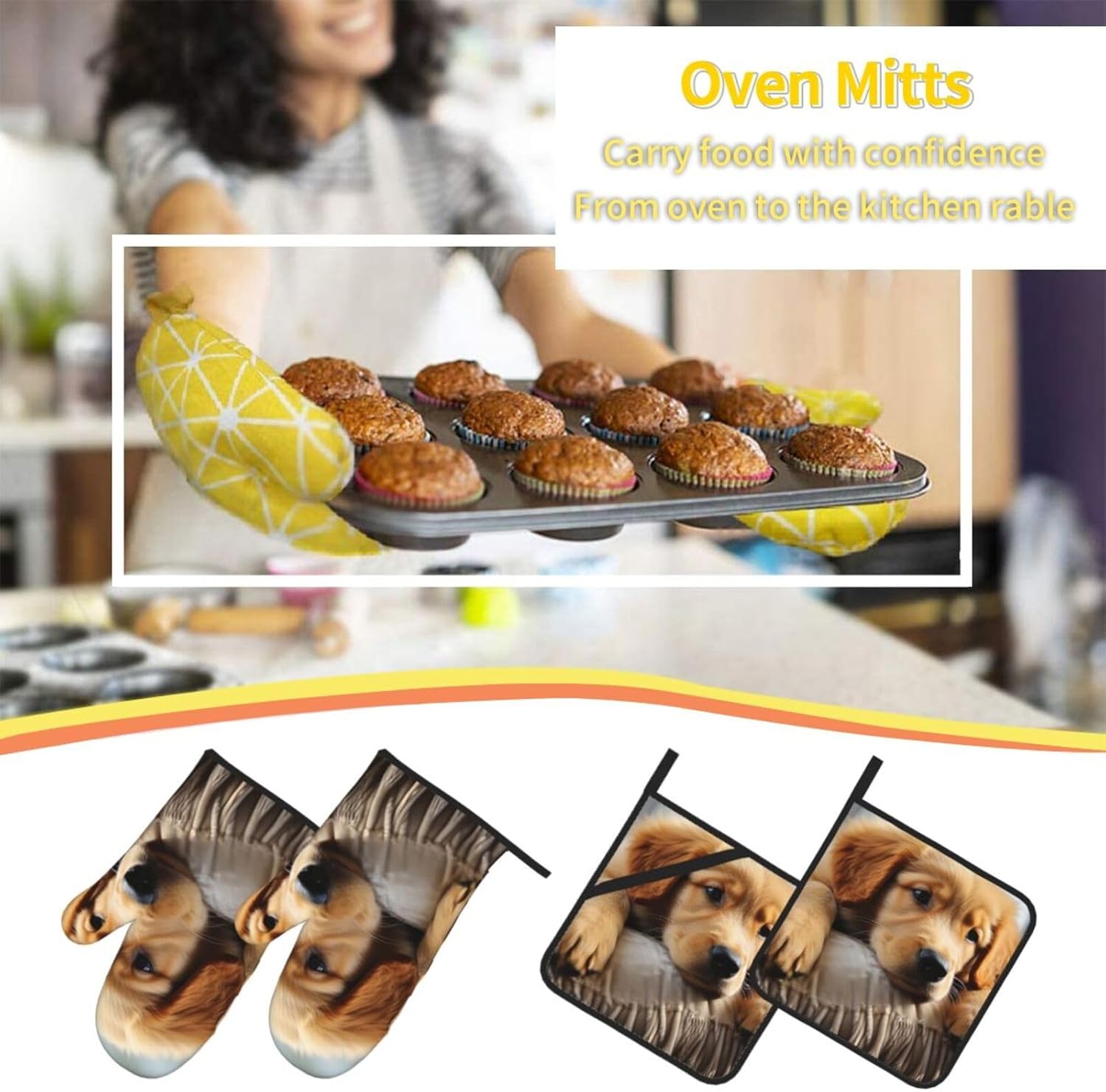 4 pcs Oven Mitts and Pot Holders Set Lazy Dog Puppy Oven Mitt Heat Resistant Oven Gloves for Cooking Non-Slip Hot Pads Washable Cooking Gloves for Baking BBQ Microwave