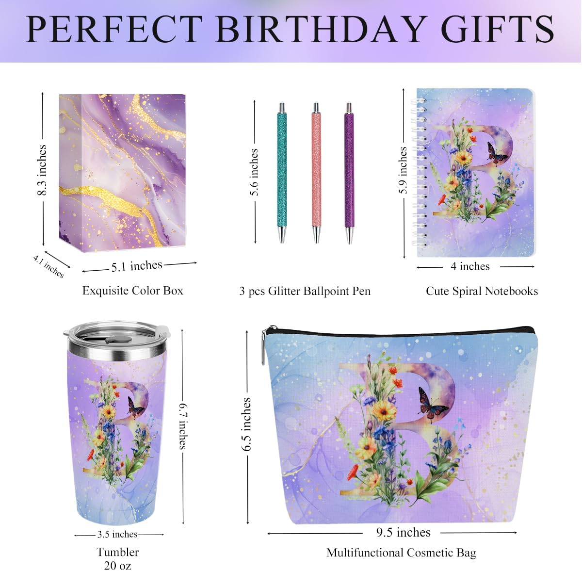 Personalized Gifts Monogrammed Birthday Gifts for Women, Cowerker Mom Boss Day Christmas Initial 20 oz Tumbler, Makeup Bag Cup Ballpoint Pens Journal Notebook 6 Set, (Aesthetic Purple Flower B) - Image 2