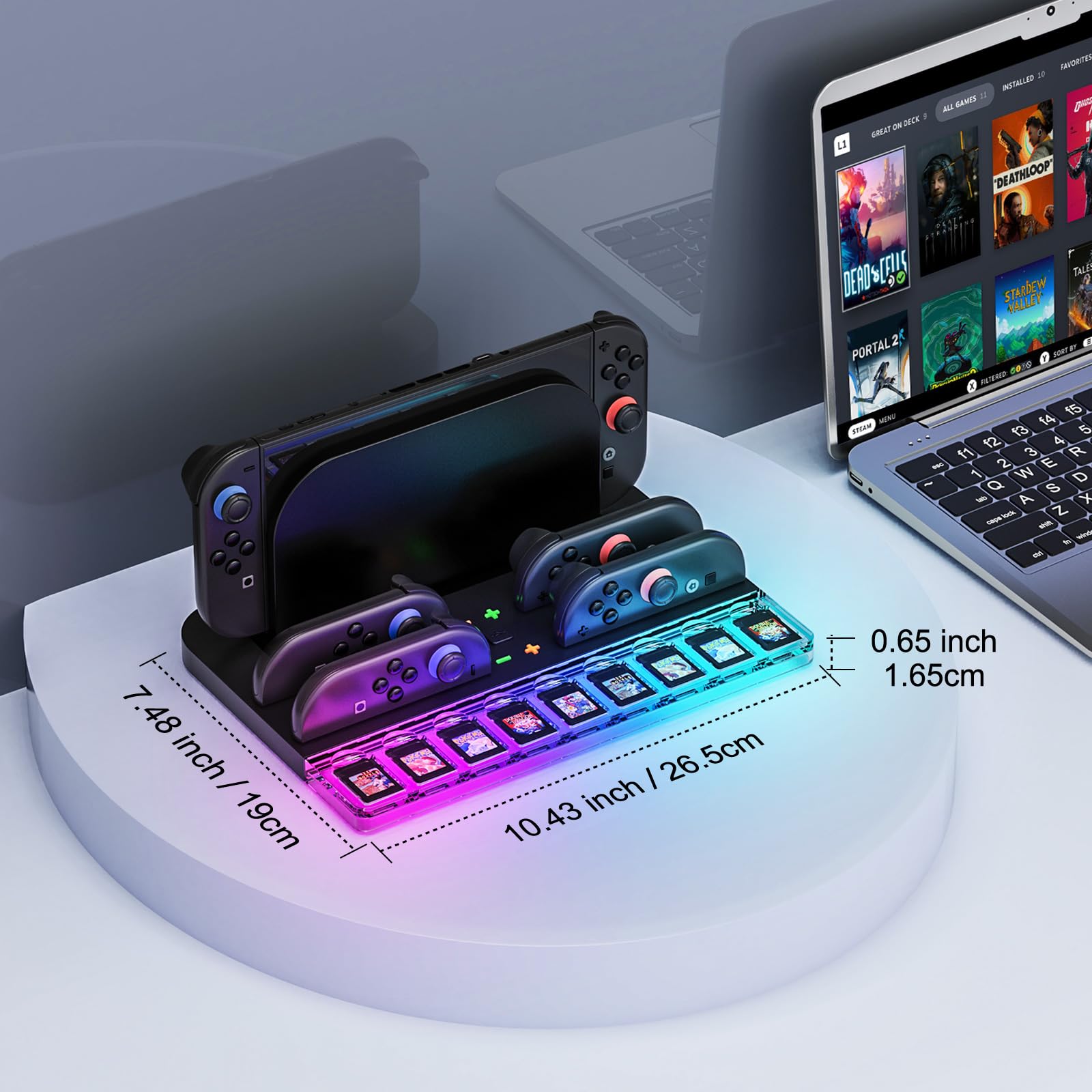 Stazione di Ricarica Joy Con Switch 2 (2025), Stazione di Ricarica per Controller Switch 2 con 7 Luci RGB, Ricarica 4 Impugnature Switch 2, Contiene 9 Schede di Gioco Switch e Accessori per Console Sw