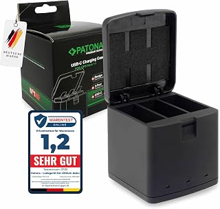 PATONA 3-Fach Charging Box USB-C for GoPro Hero 13, AEBAT-201 Battery | Compact Premium Charging & Storage Box, Triple Charger with Status Indicator & Click Closure