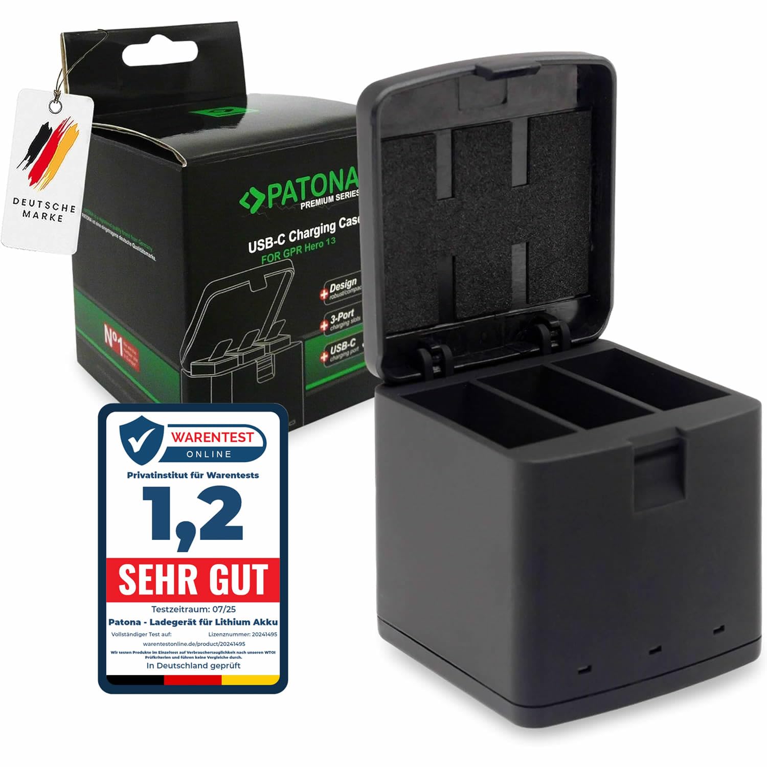 PATONA Premium Caricatore 3in1 Caricabatteria per GoPro Hero 13, AEBAT-201 | Ricarica Simultanea di 3 Batterie | Con Indicatore di Carica e Chiusura a Scatto | Compatto e Leggero | Cavo USB-C