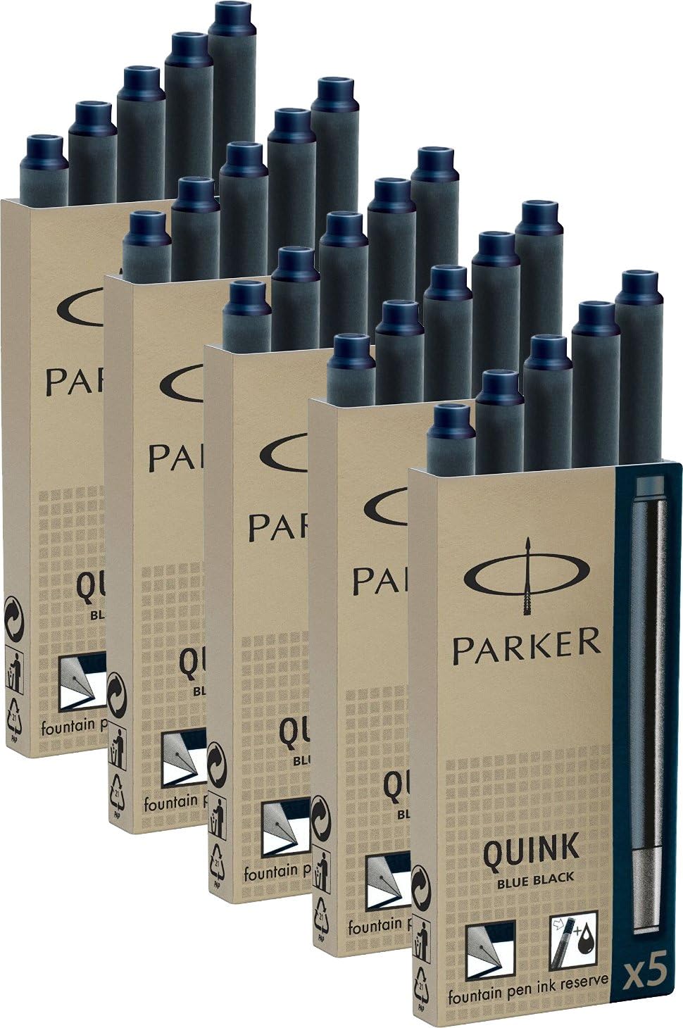 Parker Quink Ink Cartridge Refills, 5 Packs of 25 Blue Black