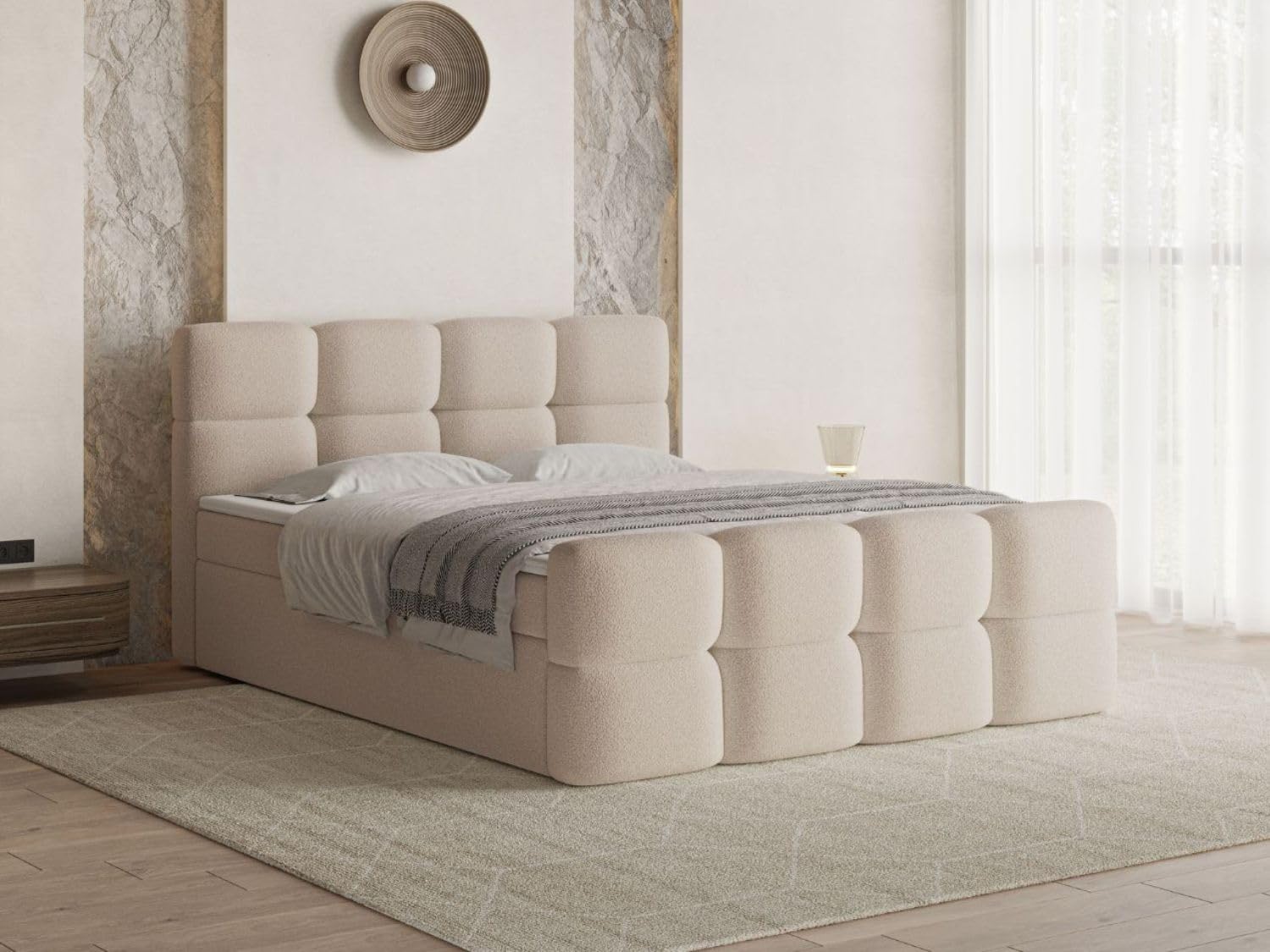 GRAINGOLD Rivon Bett, Boxspringbett mit Bettkasten, Polsterbett mit Bonell-Matratze, Boucle Stoff, mit Topper, mit Kopfteil (Beige, 160x200)