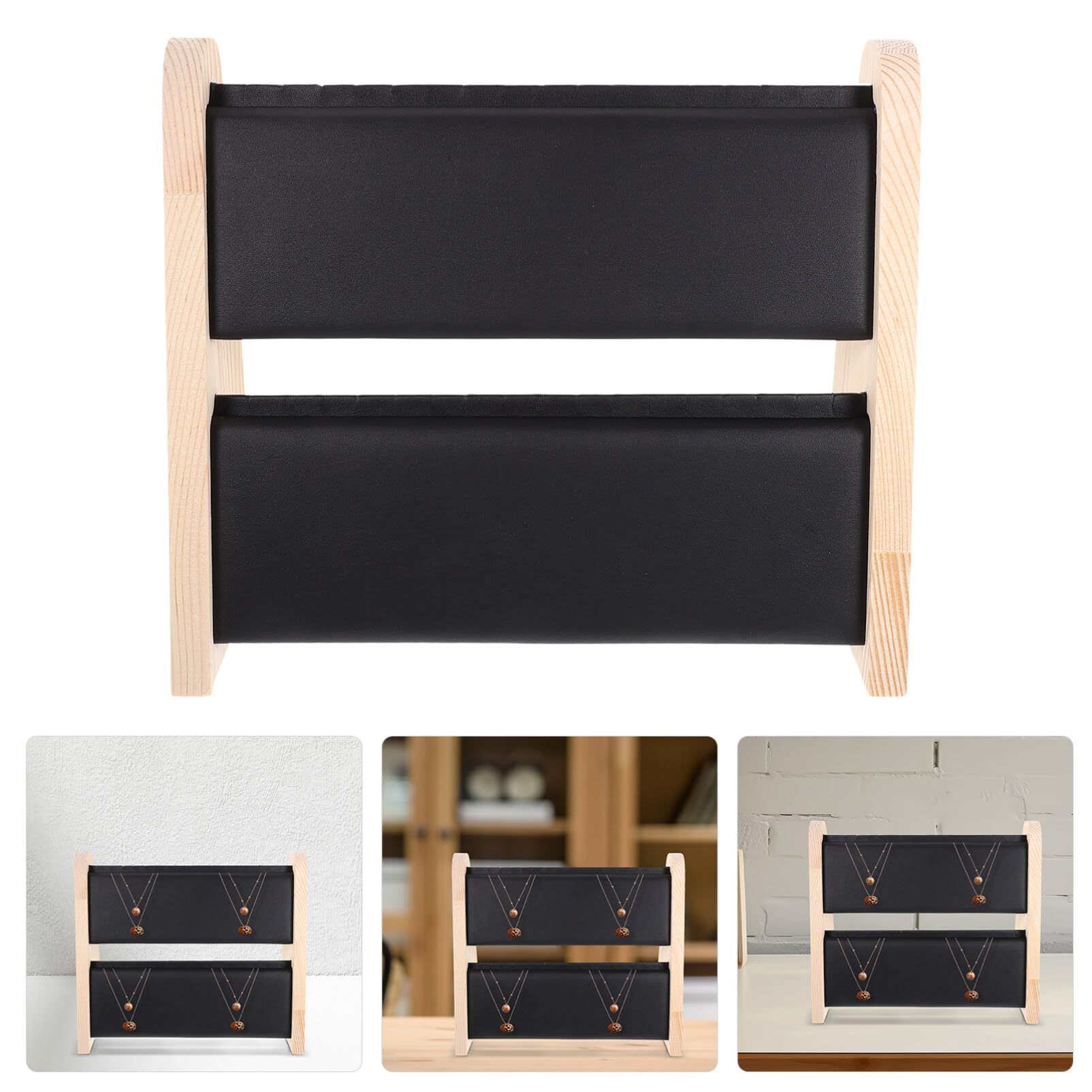 Luxshiny Espositore per Collane in Legno da Tavolo a Doppio Livello Nero | Base in Spugna e Cuoio, Superficie Liscia e Lucidata, per Fiere e Attività Commerciali