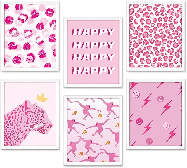Chinco 6 Pieces Preppy Room Decor Aesthetic Hot Pink White Wall Art Cheetah Print Wall Decor Cute Pink Posters for Teen Girls Dorm Bedroom Wall Decorations, Unframed, 8 x 10 Inches