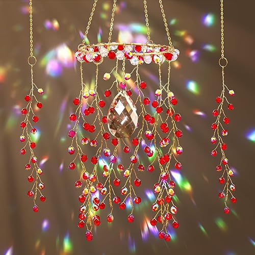 Suncalla 3 Pcs Christmas Red Berry Crystal Suncatchers for Window Berries Sun Catchers Artificial Berry Hanging Wind Chime Sun Catchers with Chain Rainbow Indoor Outdoor Decor Plant Lover Xmas Gifts - Red Berry