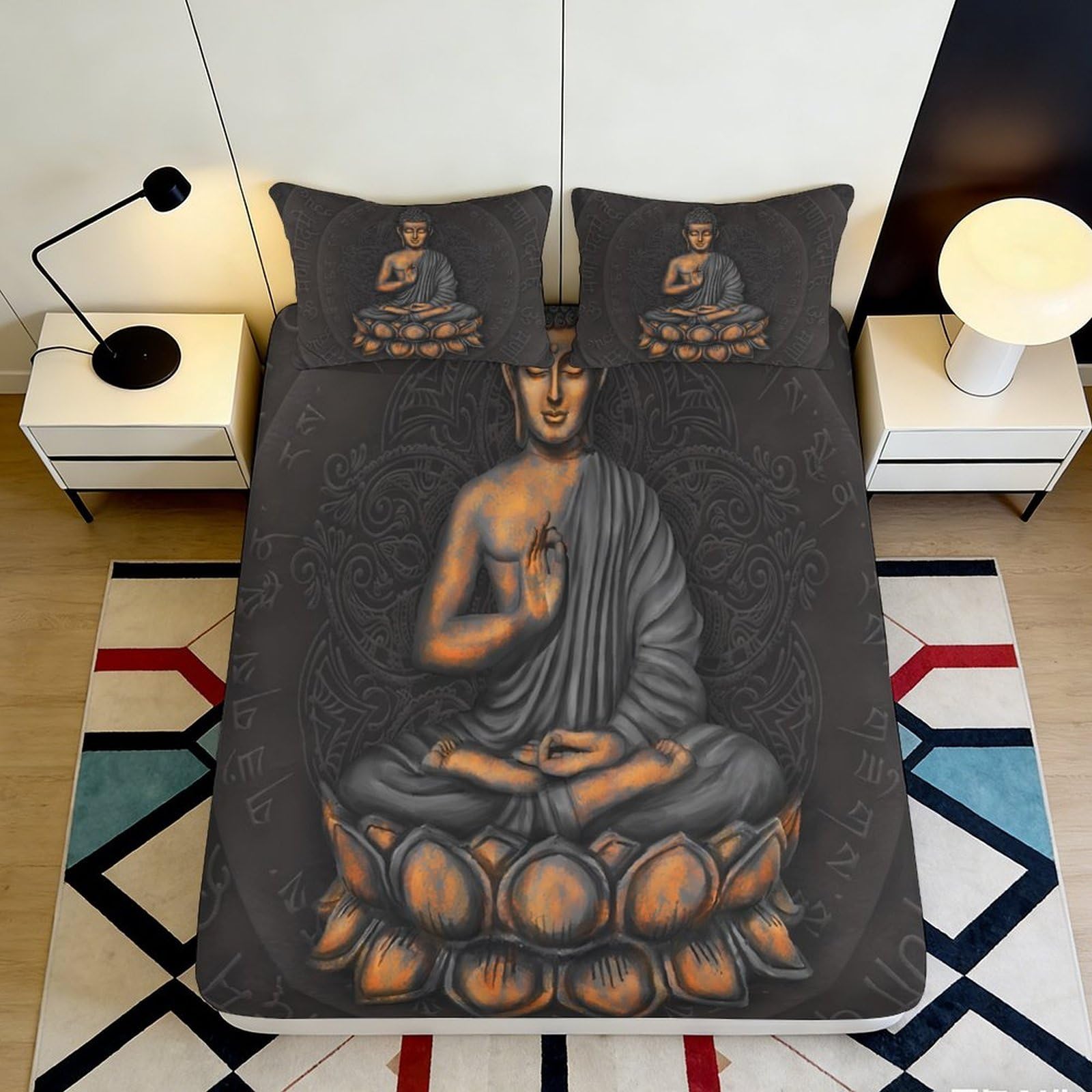 3D Printed Buddha Meditation Fitted Sheet Microfiber Non Slip Soft Bed Cover for Bedroom Dorm Decoration 90x200x25cm