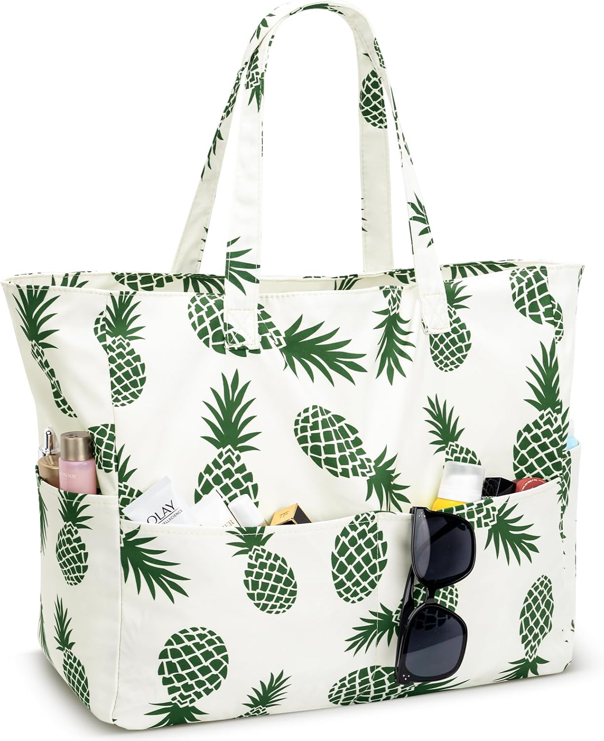 Iioscre Beach Bag for Women, Large Beach Tote Bag with Zipper Pockets, Waterproof Sandproof Swim Bag Pool Vacation Travel