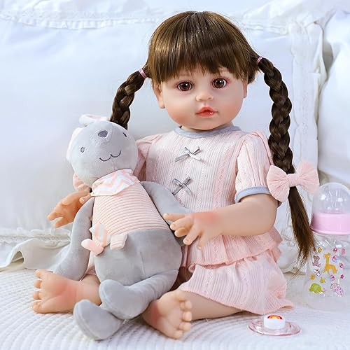 SCOM Muñeca Reborn Realista, Cuerpo Completo de Silicona - Muñecas Realistas de 18 Pulgadas Niña con Cabello Largo Hecha a Mano, Con Ropa y