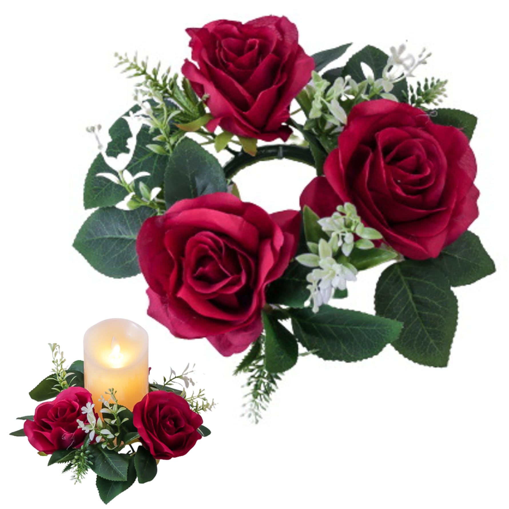 Hperu Red 9 Inch Artificial Rose Candle Ring With Green Eucalyptus Leaves, Small Candle Wreath For Pillar Wedding Centerpiece Home Decor, Floral Design