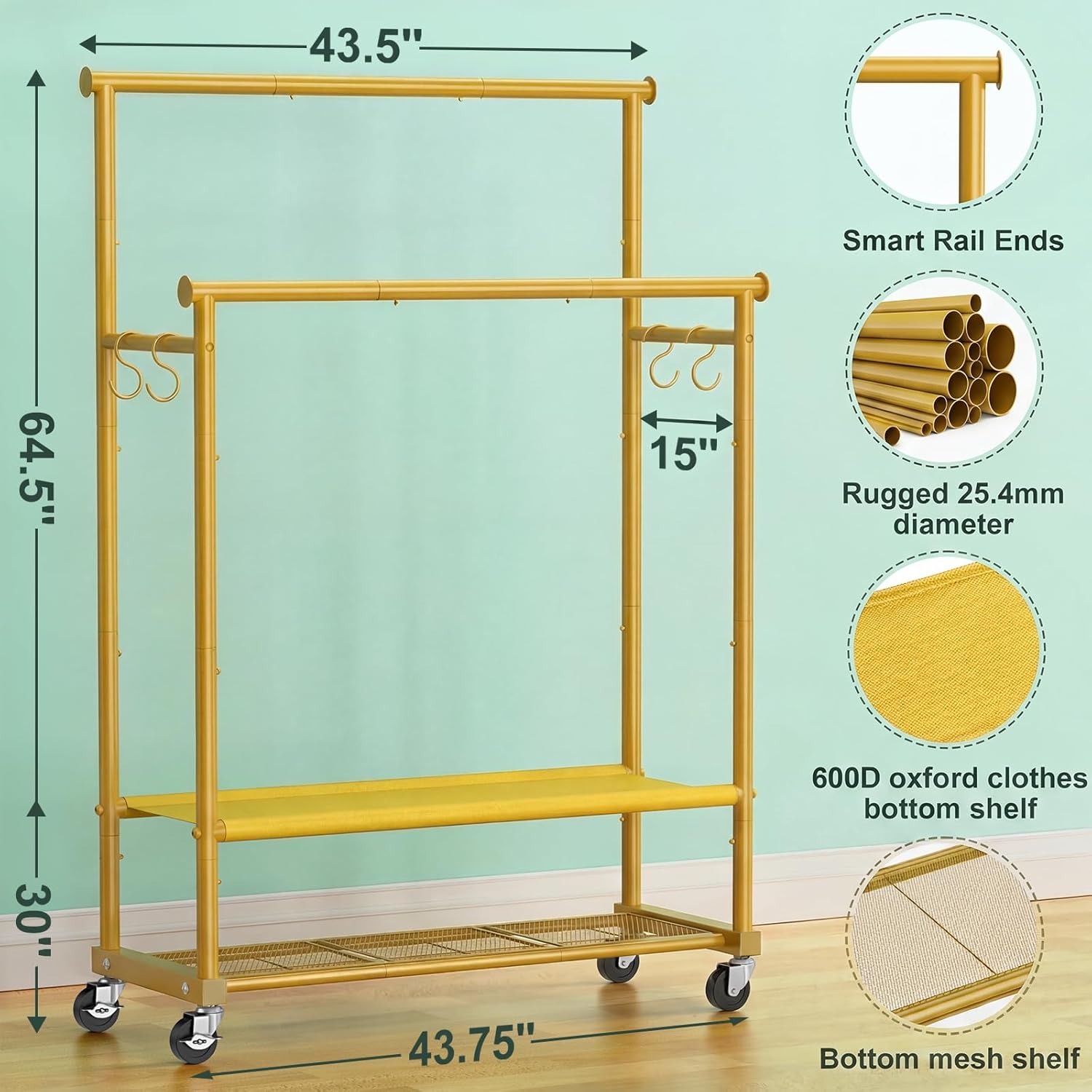 Double Rods Clothes Rack for Hanging Clothes, Heavy Duty Rolling Clothing Rack with Wheels, Freestanding Garment Racks with Oxford Bottom Shelf and Mesh Bottom Shelf for Bedroom Laundry (Gold)