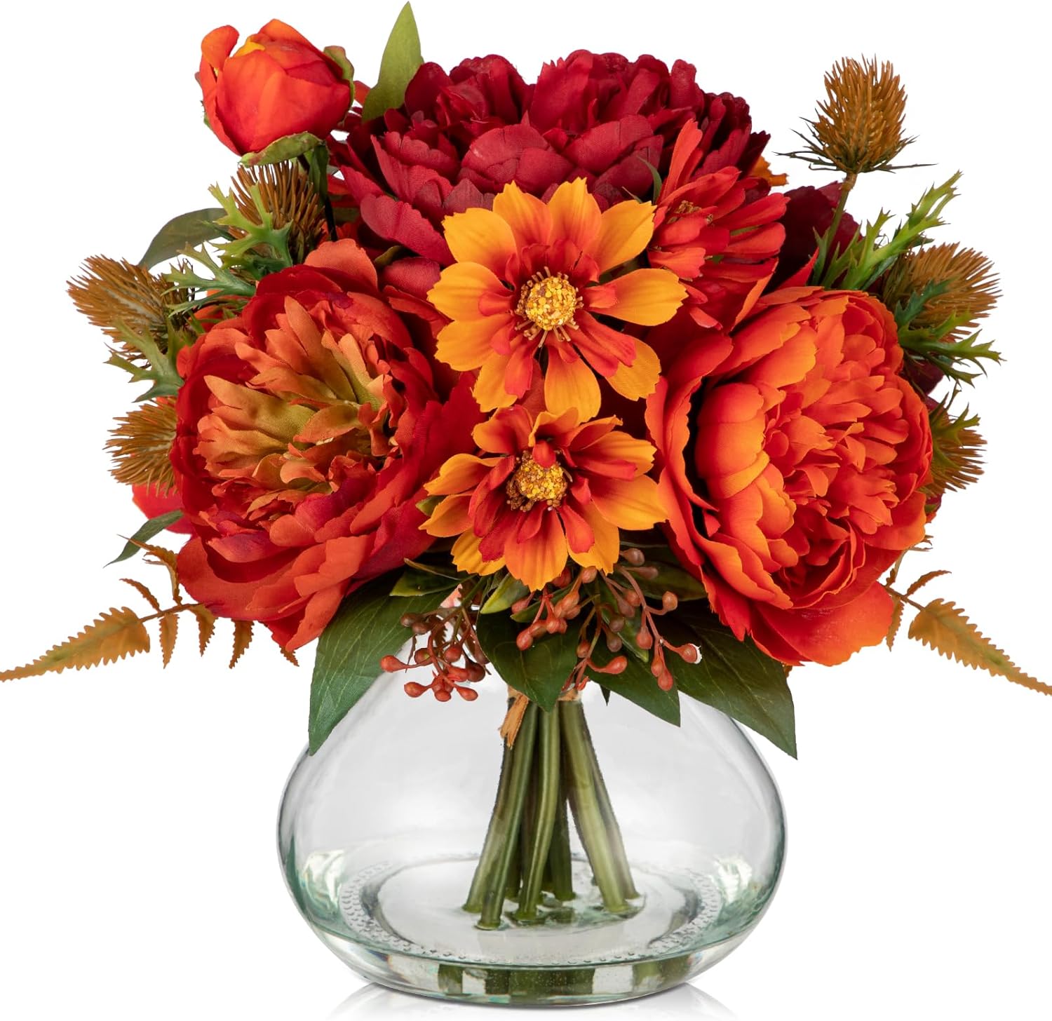 Fake Peony Flowers in Vase Fall Table Centerpiece Faux Floral Arrangement in Vase Autumn Artificial Flowres for Tables Orange Silk Flowers Arrangement Orange-Round glass