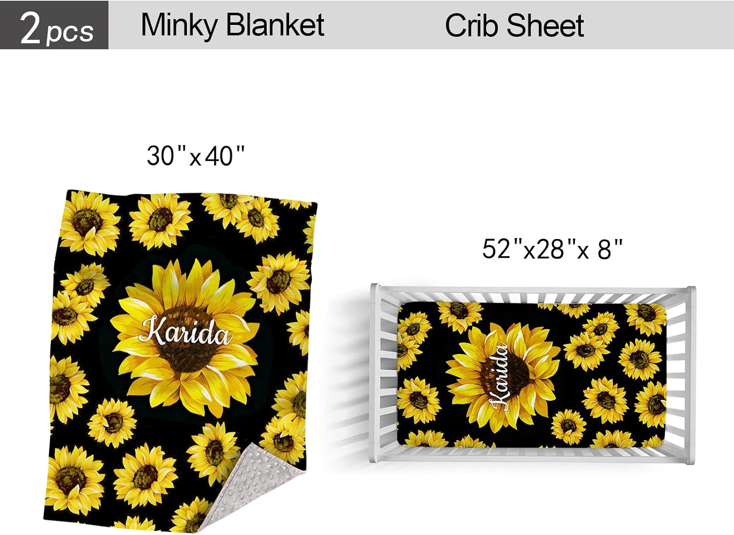 Personalized Crib Bedding Set for Girls Boys, Custom Sunflower Baby Crib Bedding Sets with Name - Plush Minky Blanket Fitted Sheet for Newborn Infant Toddler Nursery Gift