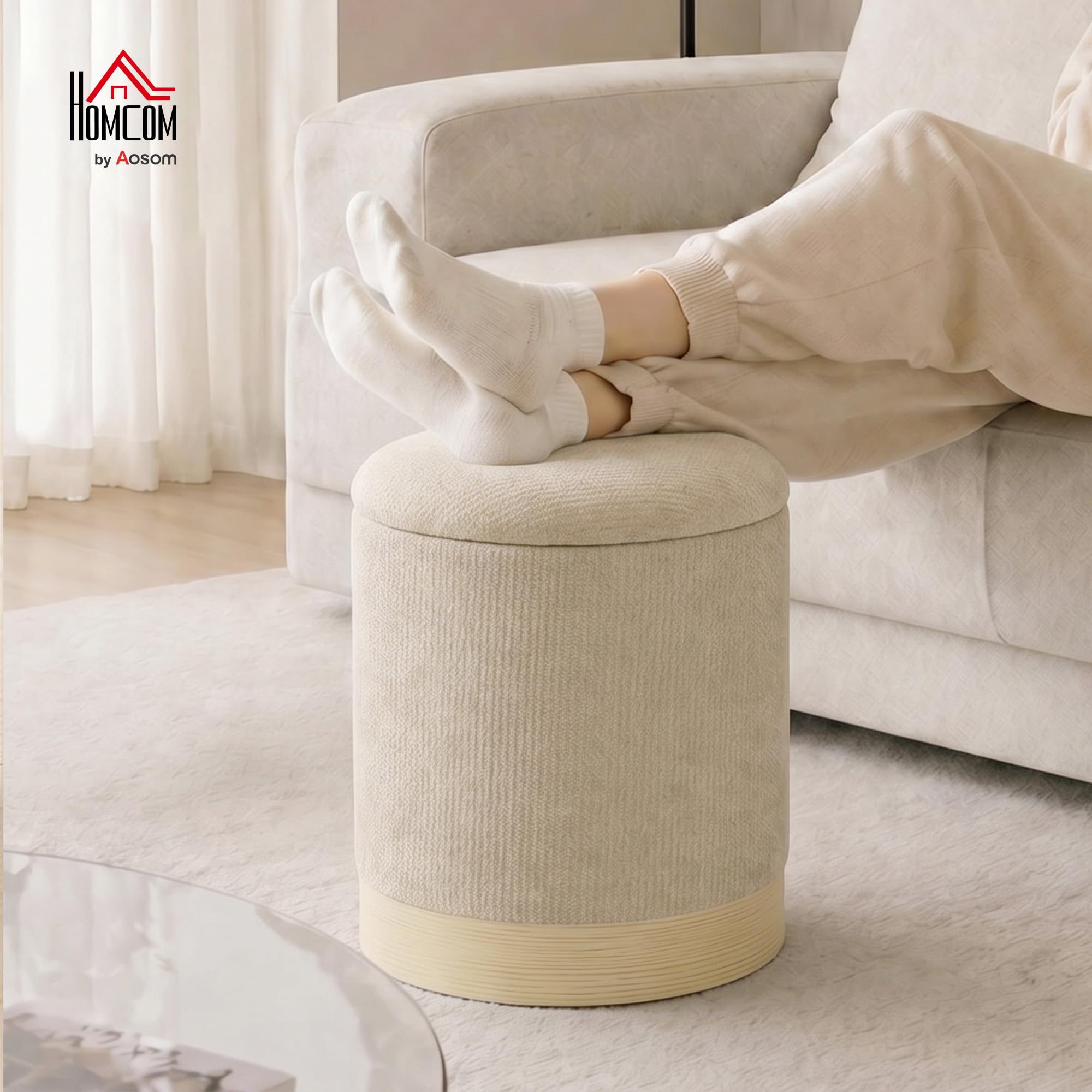 HOMCOM Pouf rotondo portaoggetti in ciniglia, Ø38x45 cm, beige | Pouf poggiapiedi, base in metallo effetto legno, per camera da letto, ingresso, soggiorno, portata 120 kg.