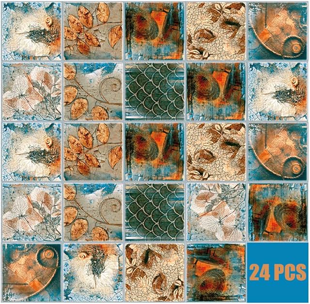 HORIWE 24pc 6x6 Inches Tile Stickers Backsplash PVC Waterproof Oil Proof DIY Kitchen Bathroom Self Adhesive New Wall Stickers Home Decor (15x15cm(6"x6"), Vintage B)
