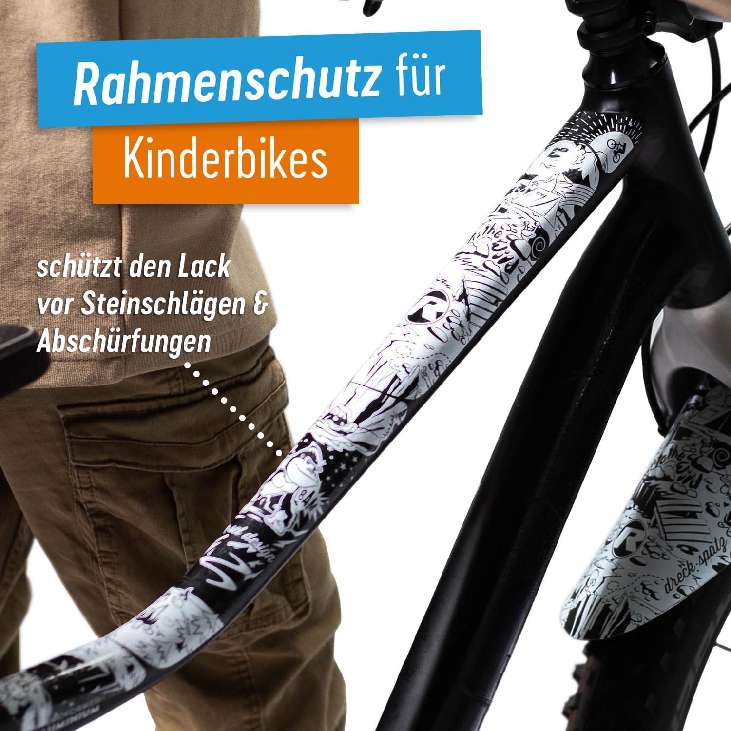 Riesel Design® - Set bestehend aus Schutzblechen für vorn und hinten für Kinderfahrrad und Rahmenschutz Folie - ab 20-26 Zoll (Youngstar Adventure Set)