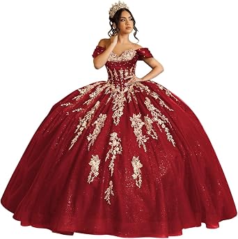 Mouccy Glitter Gold Floral Quinceanera Dresses with Bow Beaded Off Shoulder Sweet 16 Dress Ruched Tulle Evening Ball Gowns