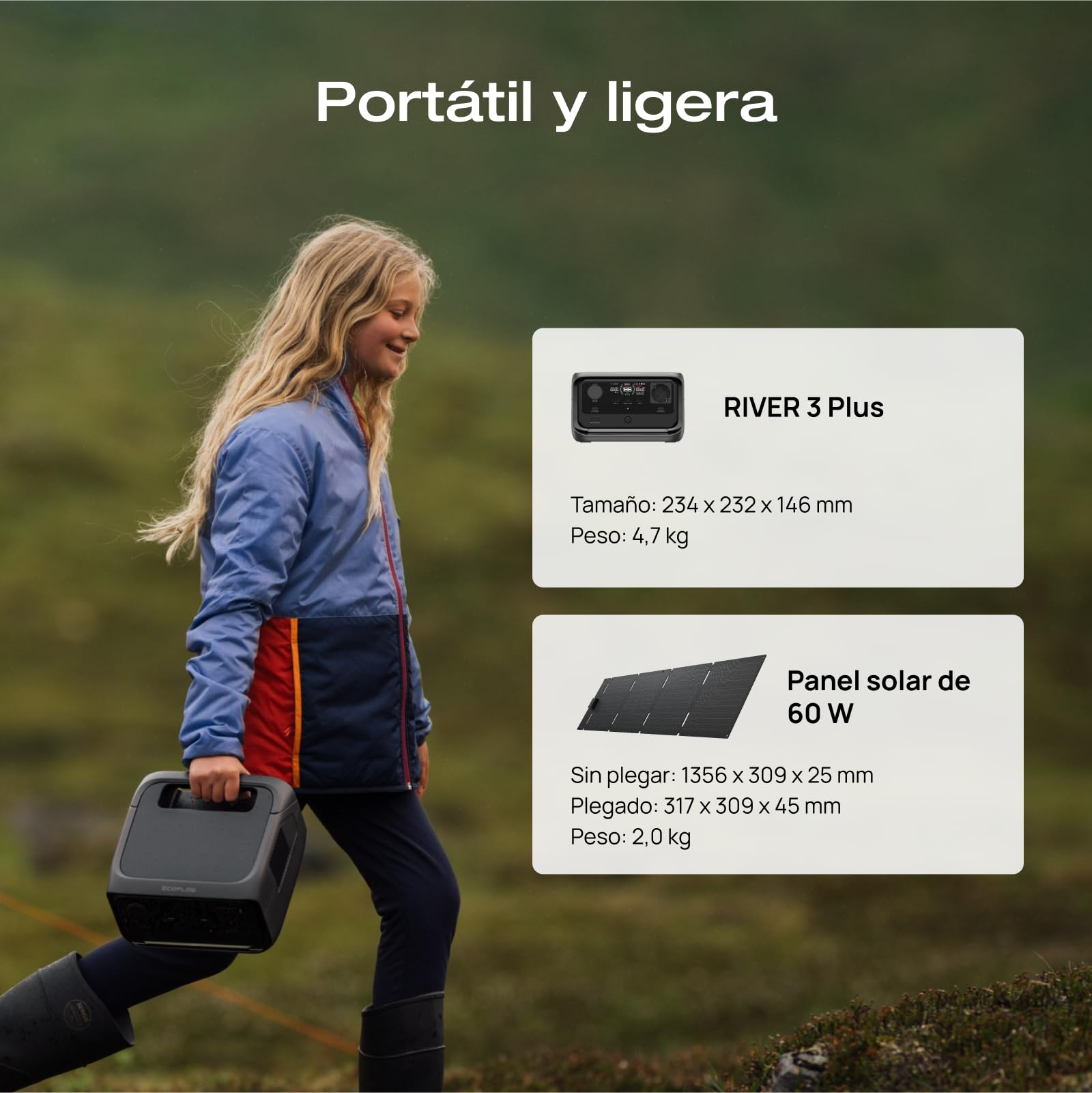 Estación de energía portátil EcoFlow River 3 Plus con Panel Solar de 60 W, batería LFP de 286 WH, Salida de 1200 W, autonomía de 16 Horas para aparatos <100 W, generador Solar para Exteriores