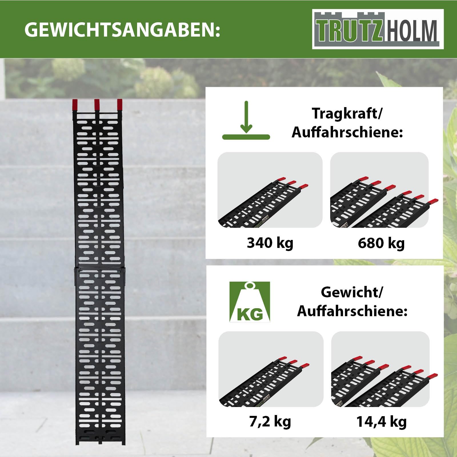 TRUTZHOLM Auffahrrampe klappbar Länge 228 cm Traglast 340 je Stück Motorradrampe Aluminium gelochte rutschfeste Lauffläche gummierte Auflage Verladerampe für Motorräder Roller E-Bike schwarz (1)
