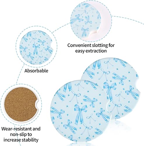 Miniatura 3 de 2 posavasos de automóvil con lazo azul, almohadilla de corcho de cerámica con muesca de dedo, accesorios de automóvil para interiores para mujeres y