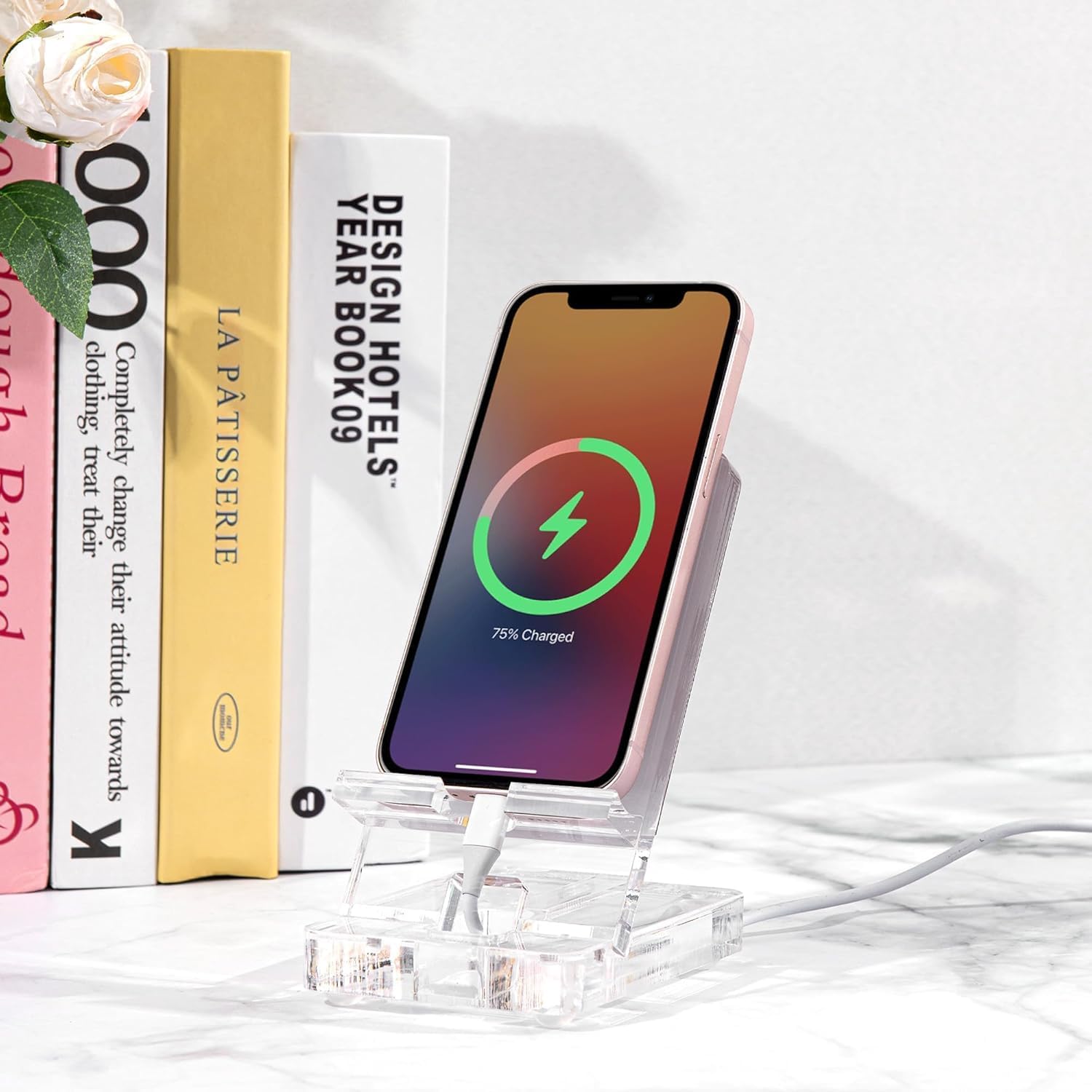 Cell Phone Stand Acrylic Cell Phone Holder Desk Phone Stand Mobile Phone Stand with Mirror (White)