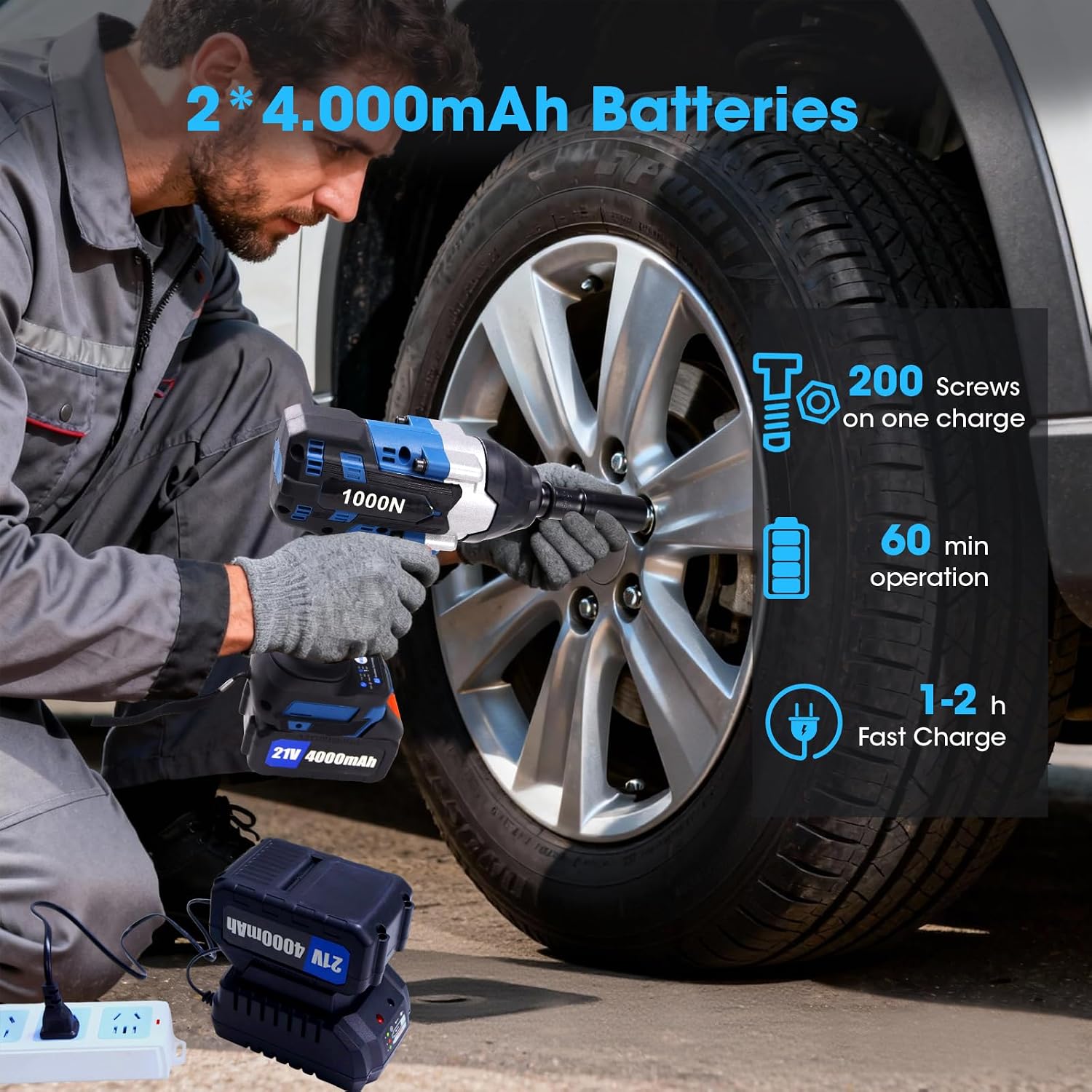 Brushless Cordless Impact Wrench 1/2", Max 1000 N·m Torque, 3-in-1 Impact Wrench/Drill/Screwdriver Kit, 2×4.0Ah Batteries & Fast Charger, 6 Sockets 14–22mm