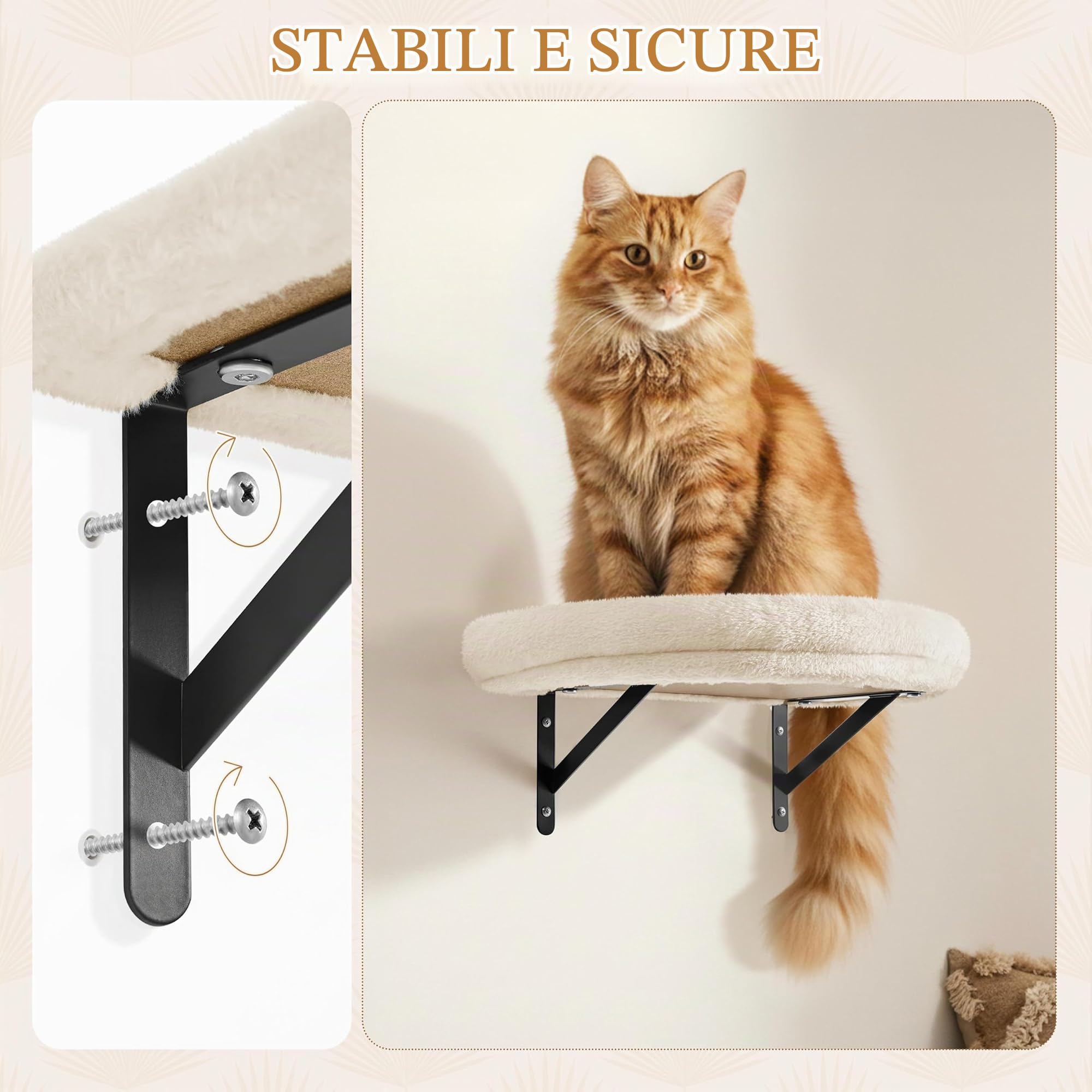 Parete da Arrampicata per Gatti, Set di 4 Mensole da Parete con Tiragraffi, Casetta, Cesta e Palla Sospesa, Mobili da Parete per Gatti in Peluche per Dormire e Giocare, Beige