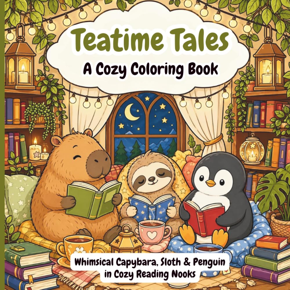 Teatime Tales: A Cozy Animal Coloring Book - Whimsical Capybara, Sloth & Penguin in Cozy Reading Nooks (Teatime Tales Cozy Coloring Collection)