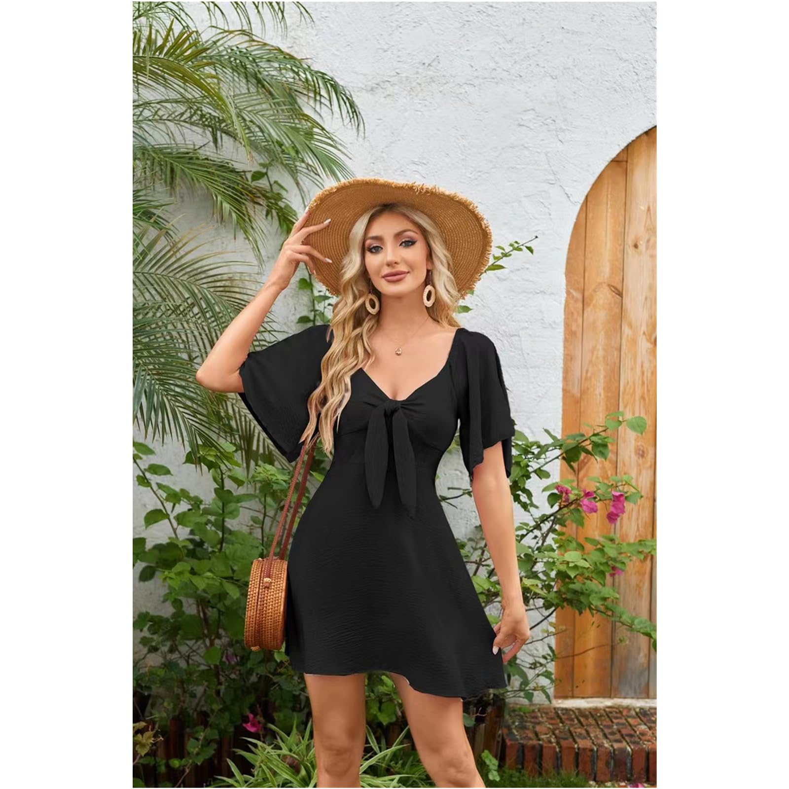Vestido de Verano Vestido de Mujer Vestido Casual de Manga Corta Vestido de Cuello V Corbata Flores Frente Al Vestido de Verano, HUTALIM, e, s