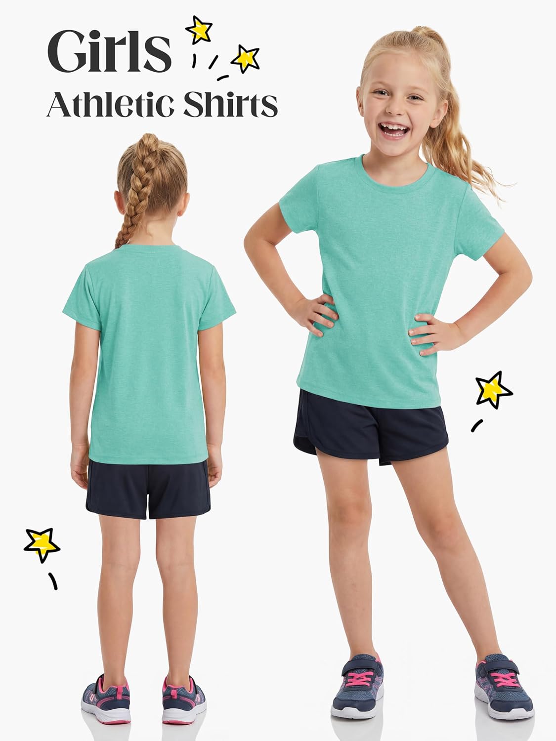 Poroka 6 Pack Girls Athletic Shirts Short Sleeve T-Shirts Crew Neck Dry-Fit Shirts Activewear Tees Tops Casual Shirt