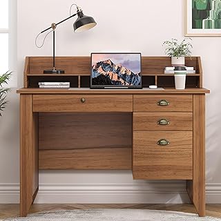 4 EVER WINNER Wooden Desk with Drawers, Small Desk with Monitor Stand and File Drawe, Writing Desk with Drawers for Bedroom Small Spaces, Walnut
