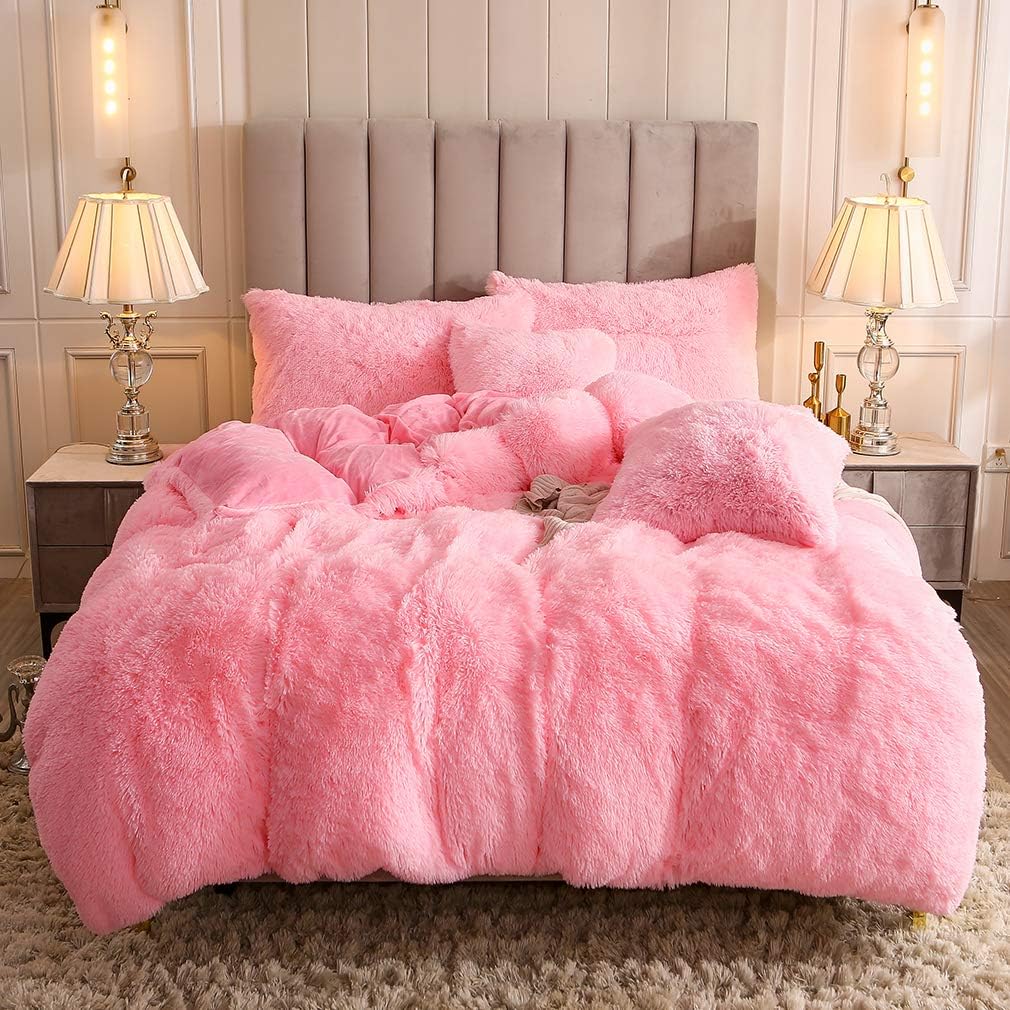 Faux Fur Velvet Fluffy Bedding Duvet Cover Set Down Comforter Quilt Cover with Pillow Sham, Ultra Soft Warm (Twin, Pink)