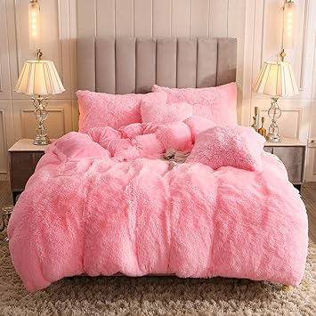 Uhamho Faux Fur Velvet Fluffy Bedding Duvet Cover Set Down Comforter Quilt Cover with Pillow Shams, Ultra Soft Warm (King, Pi