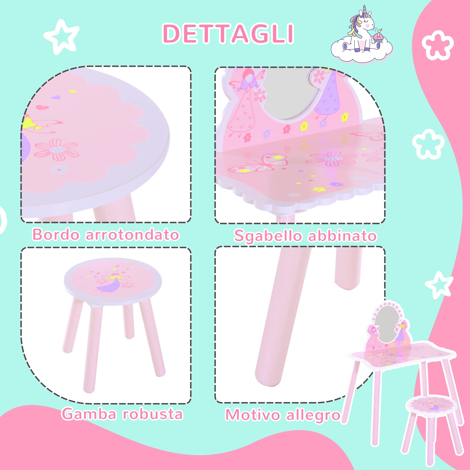 HOMCOM Toeletta per Bambini con Sgabello in Legno, Tavolo Trucco con Specchio Moderno e Cassetto, 59L x 39P x 77A cm, Rosa